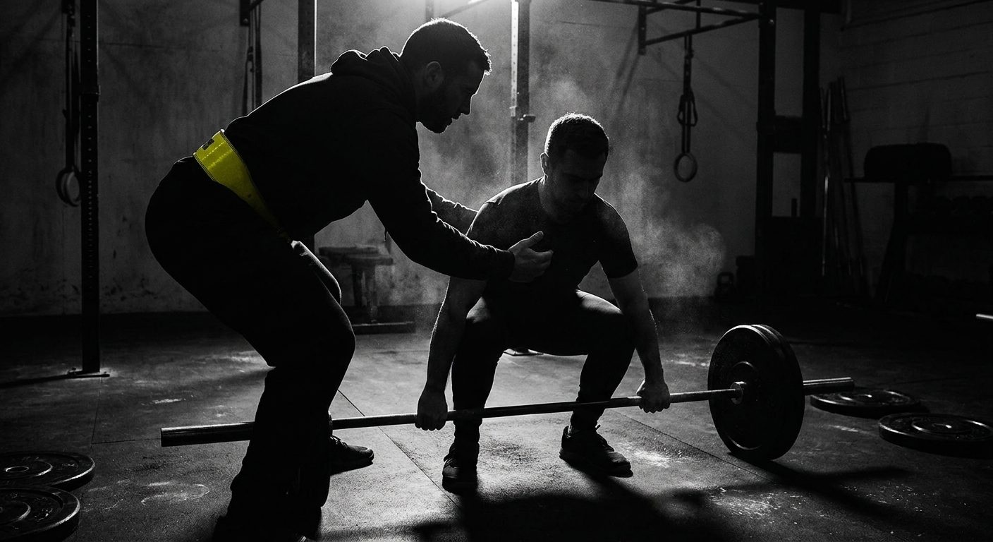 Entrenador corrigiendo la técnica de un cliente en el gimnasio