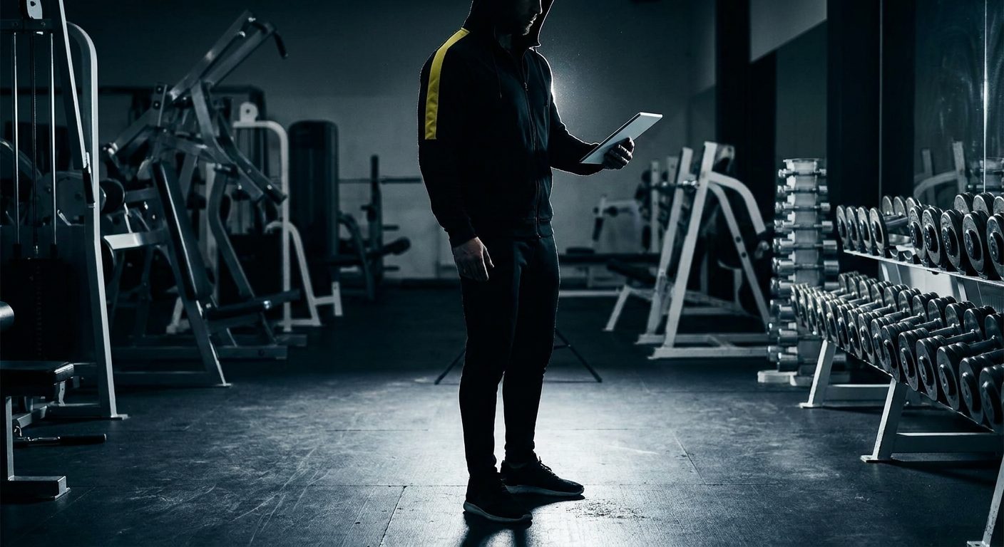 Entrenador personal revisando el progreso de sus clientes en una tablet dentro de un gimnasio