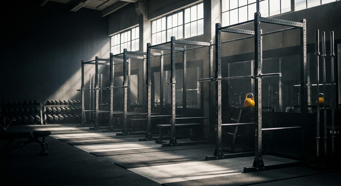 Gimnasio moderno vacío al amanecer, con el material ordenado