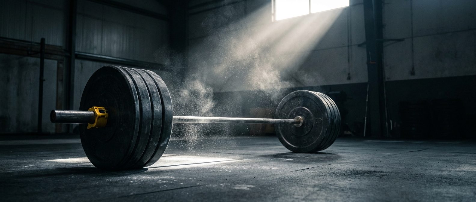 Barra olímpica cargada en un gimnasio oscuro con polvo de magnesio flotando en un haz de luz