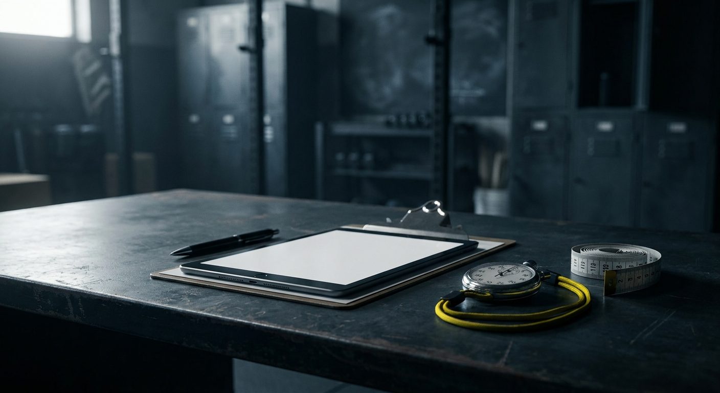 Tablet, cuaderno y cinta métrica sobre la mesa de un entrenador