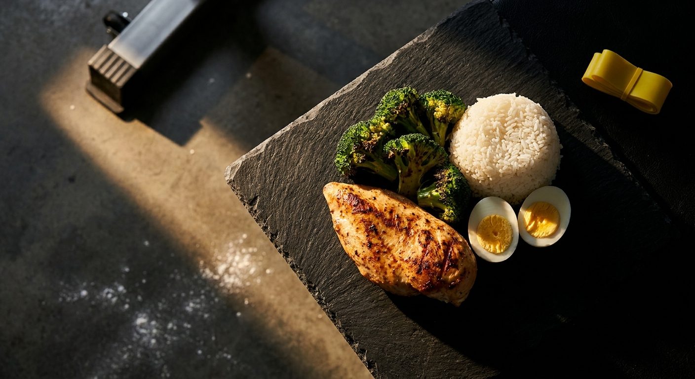 Plato alto en proteína sobre pizarra en el suelo de un gimnasio